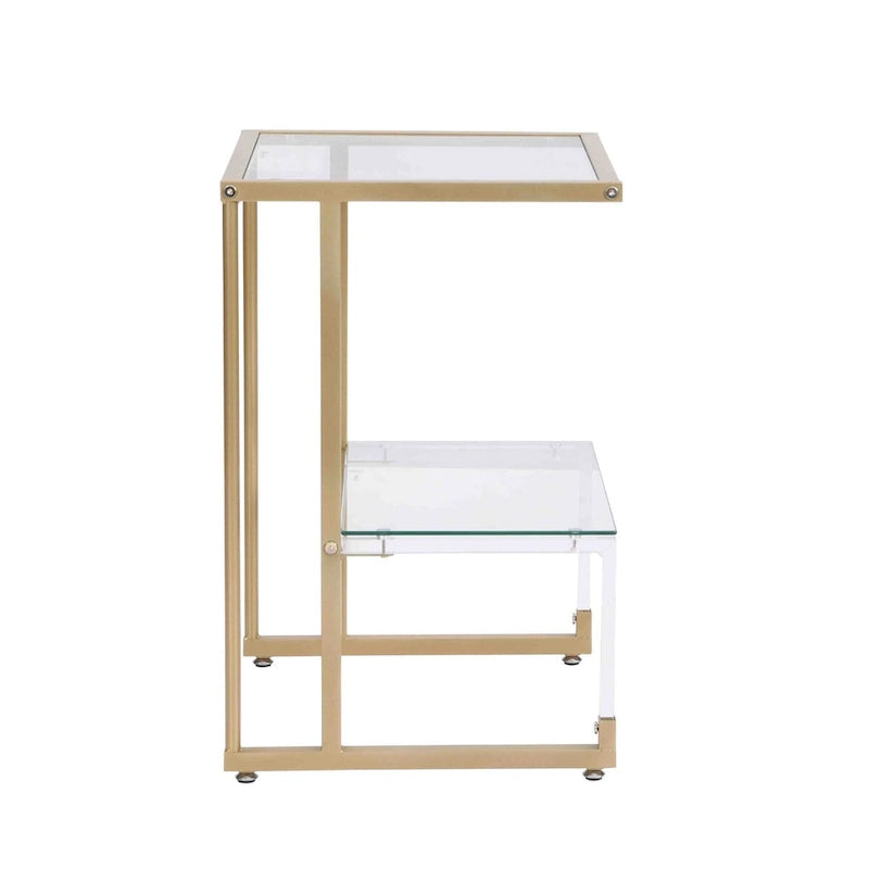 2-Tier Gold Metal Acrylic Glass End Table with Lower Shelf, Gold