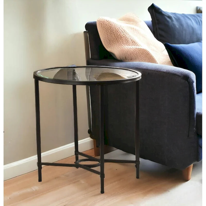 Black Metal Frame Clear Tempered Glass Oval Side End Table