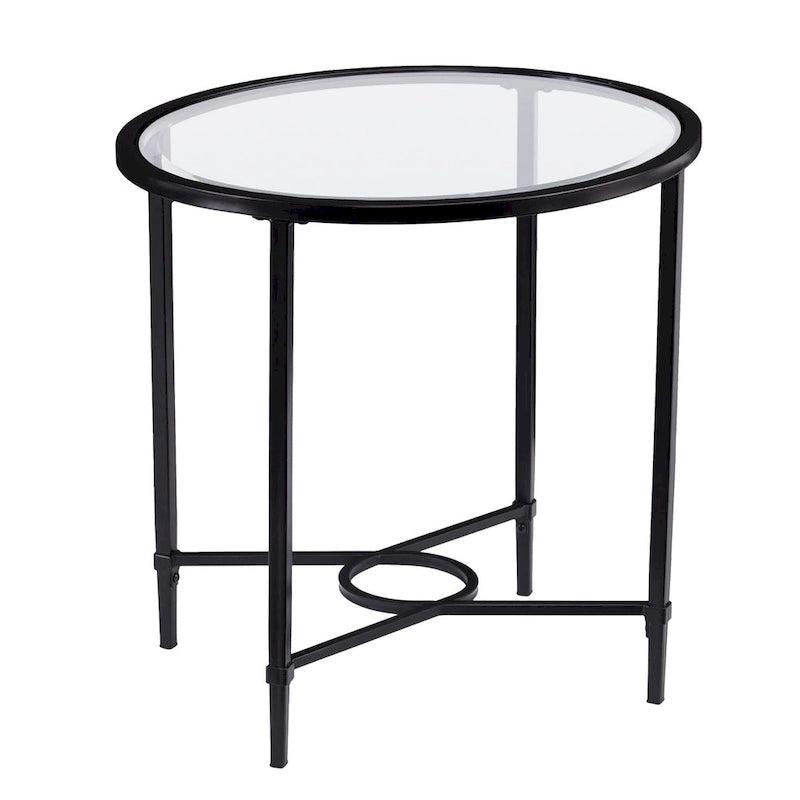 Black Metal Frame Clear Tempered Glass Oval Side End Table