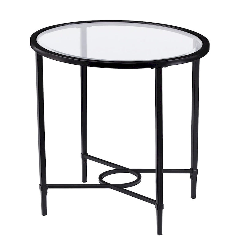 Black Metal Frame Clear Tempered Glass Oval Side End Table