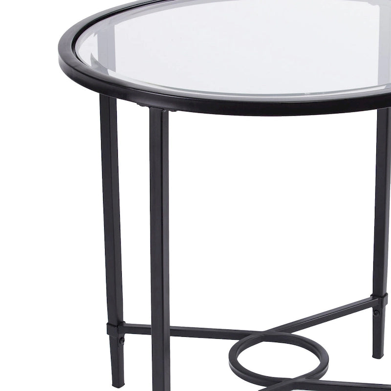 Black Metal Frame Clear Tempered Glass Oval Side End Table