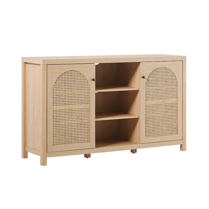 58" 2-Door Rattan Arched Panel Sideboard Cabinet Storage Brown Black