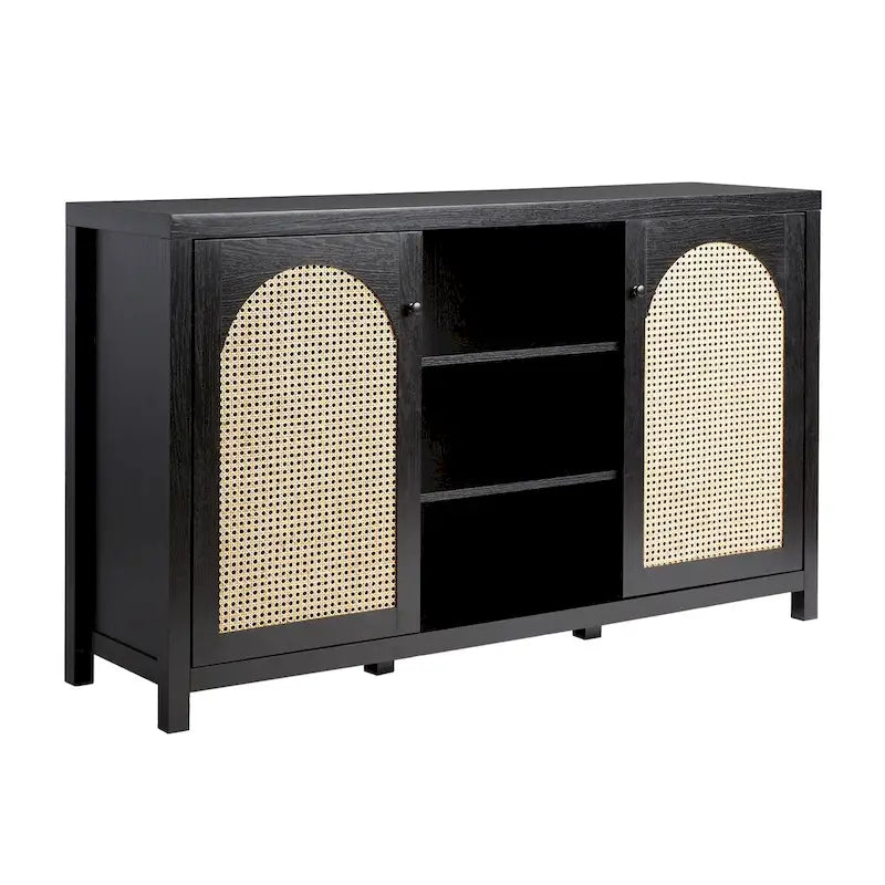 58" 2-Door Rattan Arched Panel Sideboard Cabinet Storage Brown Black