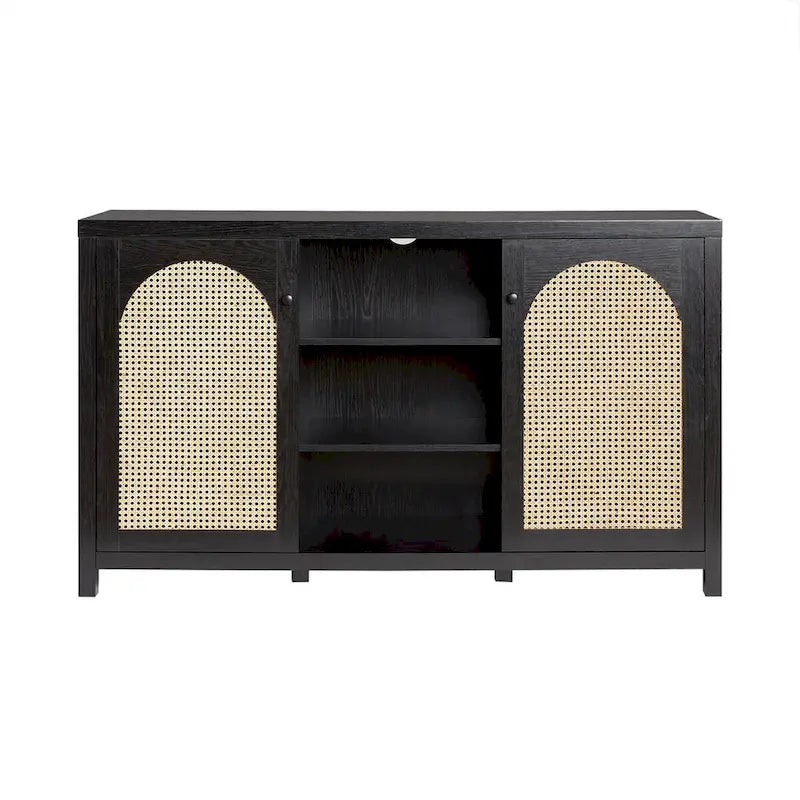 58" 2-Door Rattan Arched Panel Sideboard Cabinet Storage Brown Black
