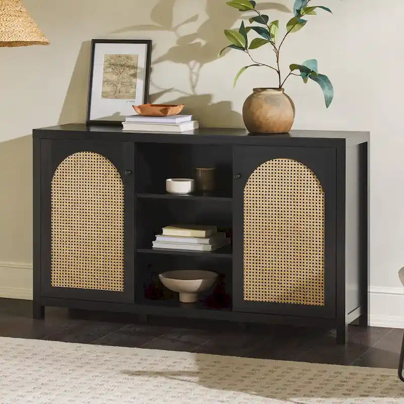 58" 2-Door Rattan Arched Panel Sideboard Cabinet Storage Brown Black