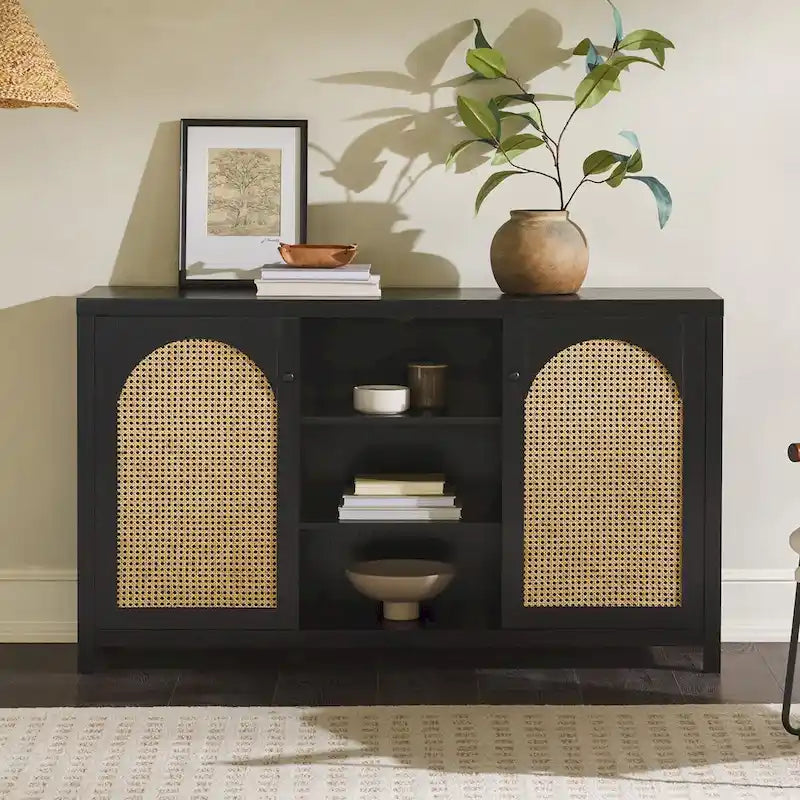 58" 2-Door Rattan Arched Panel Sideboard Cabinet Storage Brown Black