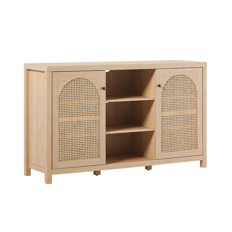 58" 2-Door Rattan Arched Panel Sideboard Cabinet Storage Brown Black