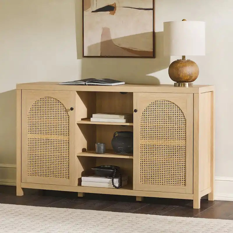 58" 2-Door Rattan Arched Panel Sideboard Cabinet Storage Brown Black