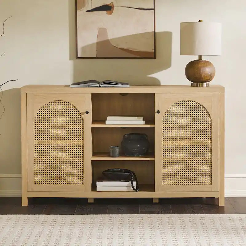 58" 2-Door Rattan Arched Panel Sideboard Cabinet Storage Brown Black