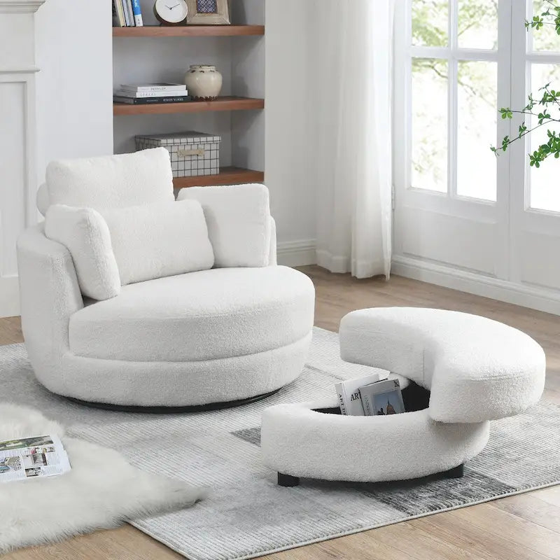 Oversized Round Swivel Accent Chair with Padded Seat, Ivory or Grey