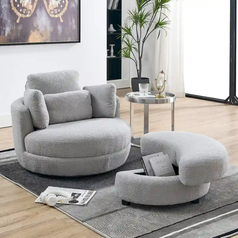 Oversized Round Swivel Accent Chair with Padded Seat, Ivory or Grey