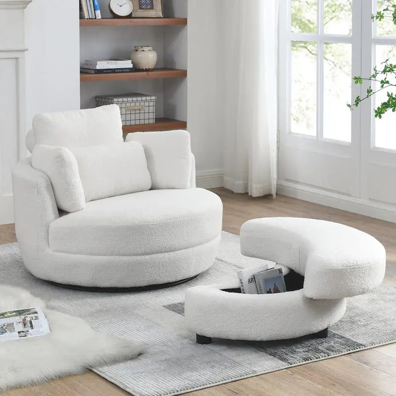 Oversized Round Swivel Accent Chair with Padded Seat, Ivory or Grey
