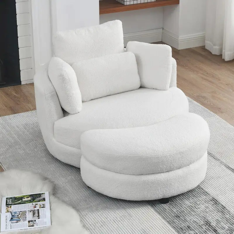 Oversized Round Swivel Accent Chair with Padded Seat, Ivory or Grey