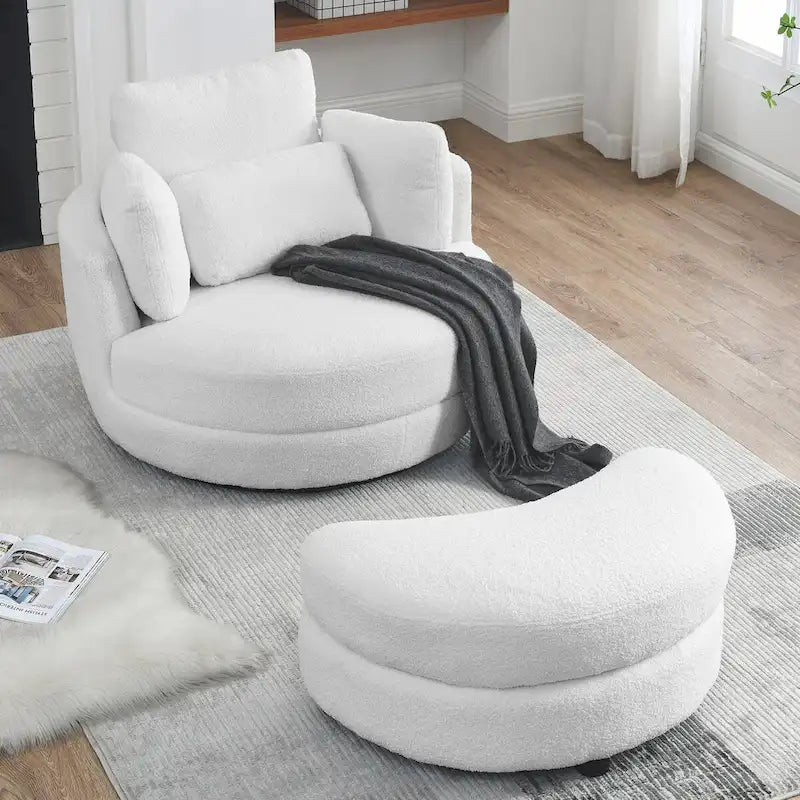 Oversized Round Swivel Accent Chair with Padded Seat, Ivory or Grey
