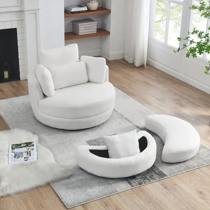 Oversized Round Swivel Accent Chair with Padded Seat, Ivory or Grey