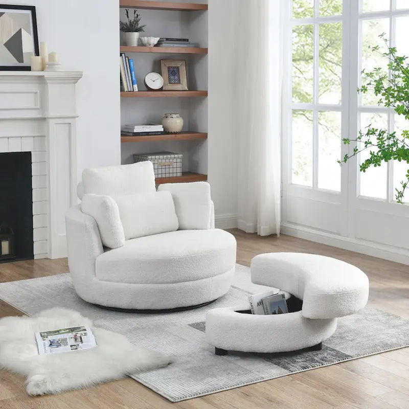 Oversized Round Swivel Accent Chair with Padded Seat, Ivory or Grey