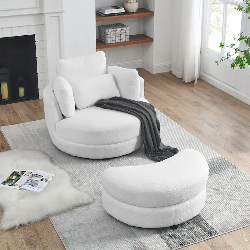Oversized Round Swivel Accent Chair with Padded Seat, Ivory or Grey