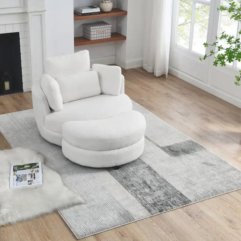 Oversized Round Swivel Accent Chair with Padded Seat, Ivory or Grey