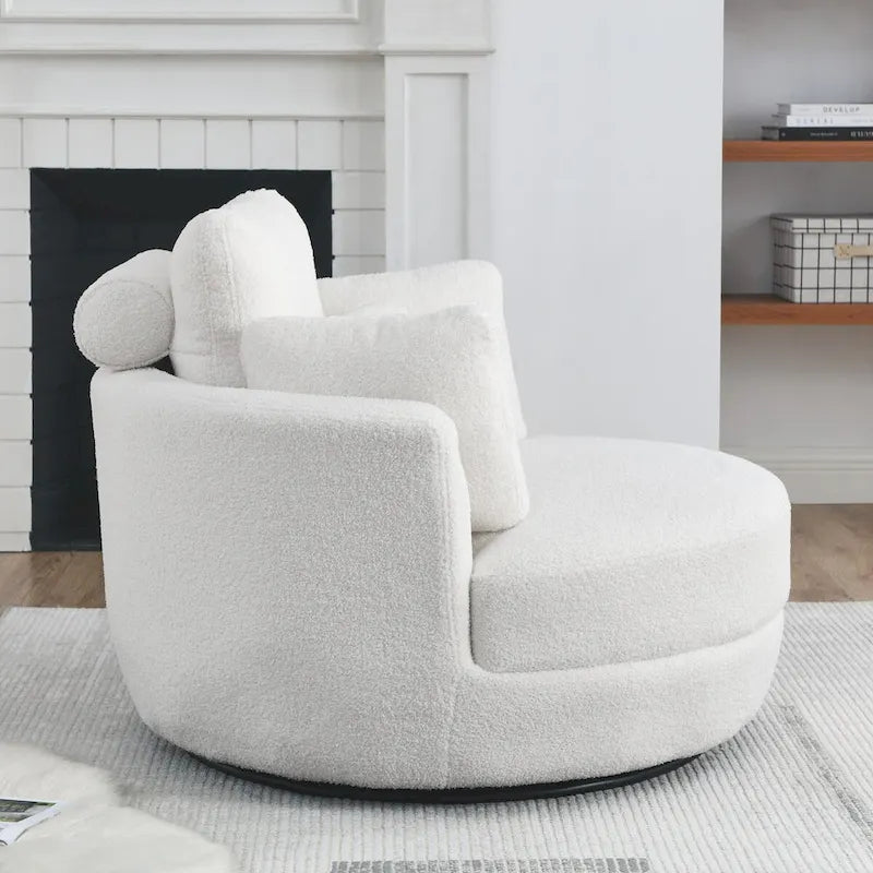 Oversized Round Swivel Accent Chair with Padded Seat, Ivory or Grey