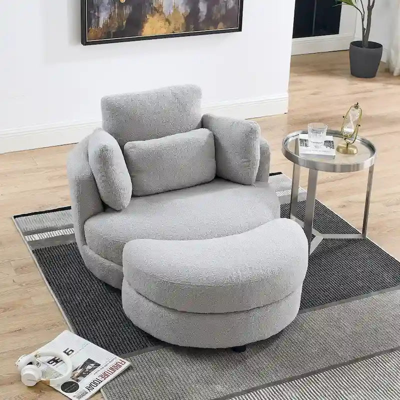 Oversized Round Swivel Accent Chair with Padded Seat, Ivory or Grey