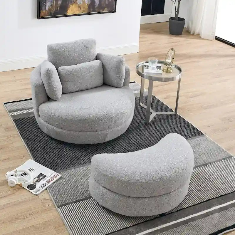 Oversized Round Swivel Accent Chair with Padded Seat, Ivory or Grey