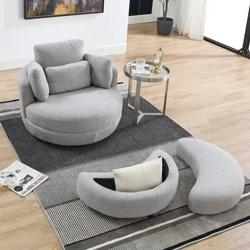 Oversized Round Swivel Accent Chair with Padded Seat, Ivory or Grey