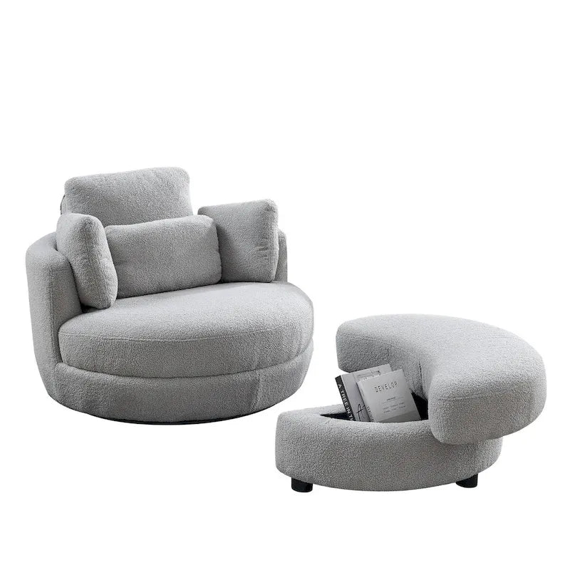 Oversized Round Swivel Accent Chair with Padded Seat, Ivory or Grey