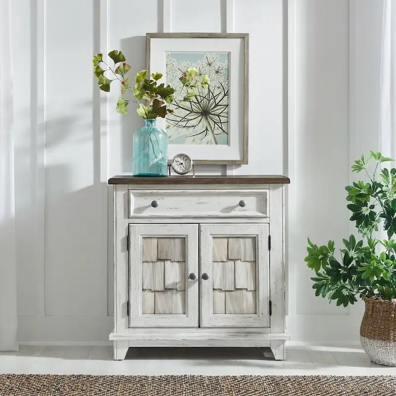 Accent Cabinet Riverstone White Tobacco Distressed Two-Tone Pine Wood Antique Pewter