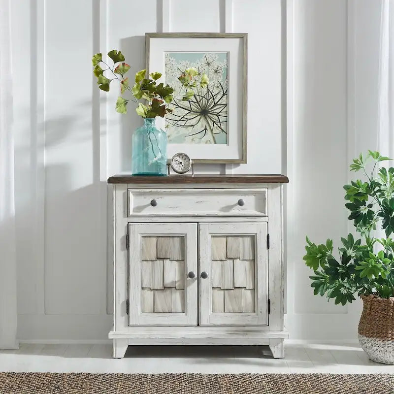Accent Cabinet Riverstone White Tobacco Distressed Two-Tone Pine Wood Antique Pewter