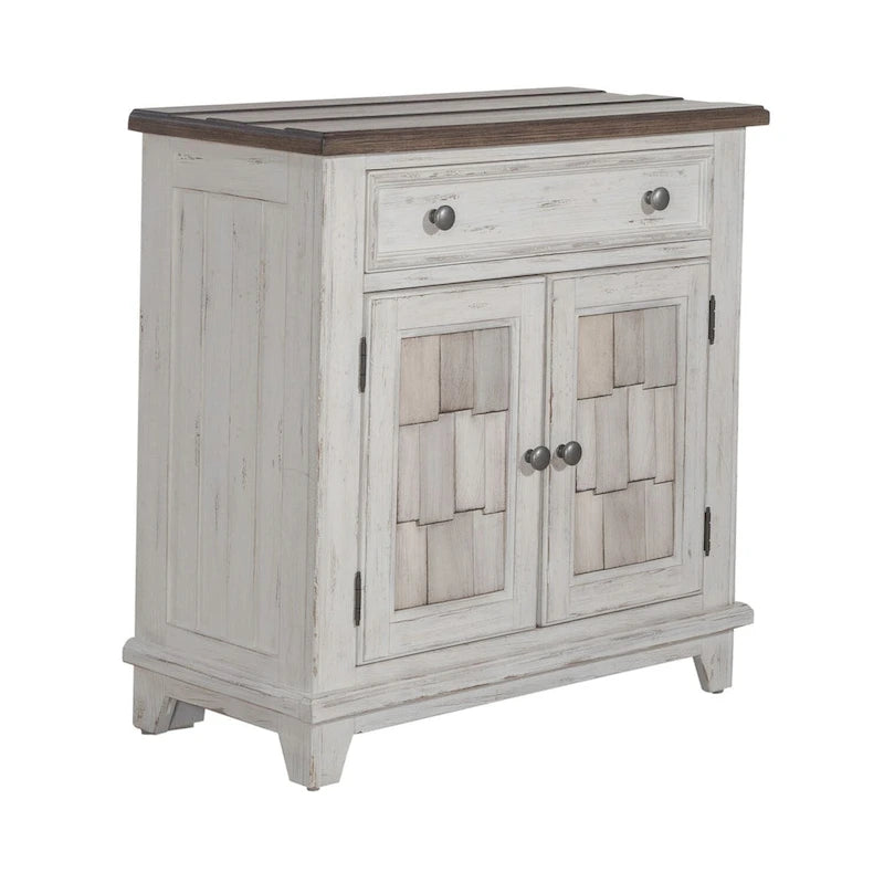 Accent Cabinet Riverstone White Tobacco Distressed Two-Tone Pine Wood Antique Pewter