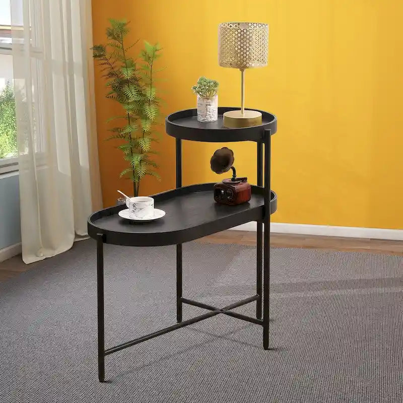 Two-Tier Side Table Black Metal Legs Oval Tray Raised Edges Adjustable