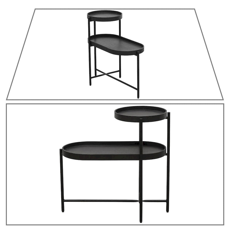 Two-Tier Side Table Black Metal Legs Oval Tray Raised Edges Adjustable