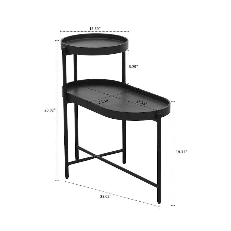 Two-Tier Side Table Black Metal Legs Oval Tray Raised Edges Adjustable