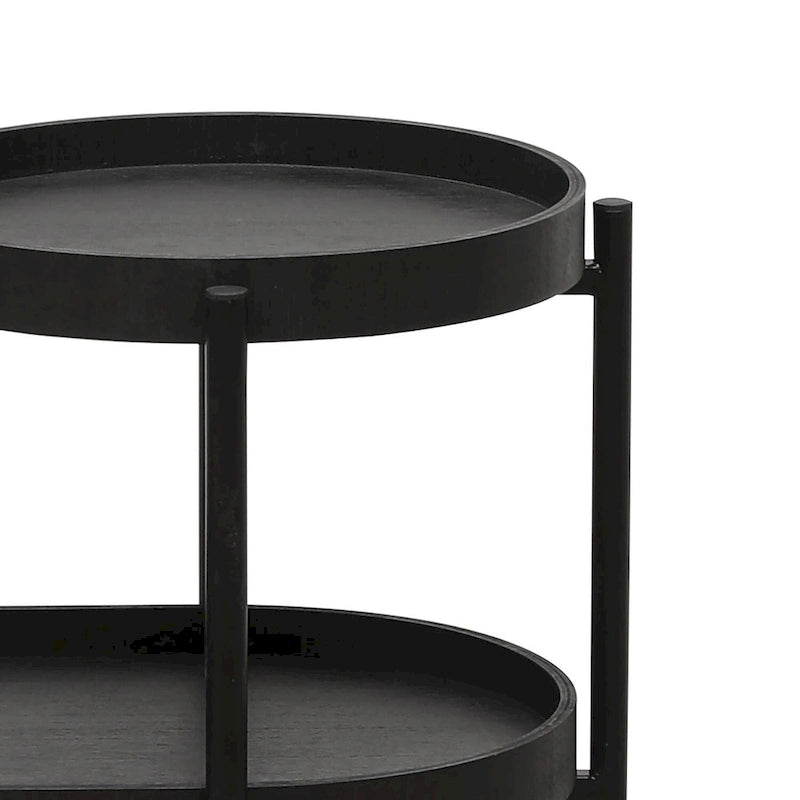 Two-Tier Side Table Black Metal Legs Oval Tray Raised Edges Adjustable