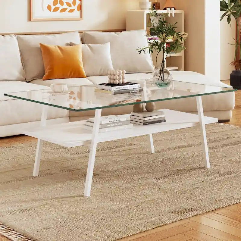 Tempered Glass Top Coffee Table with White Metal Legs and MDF Lower Shelf