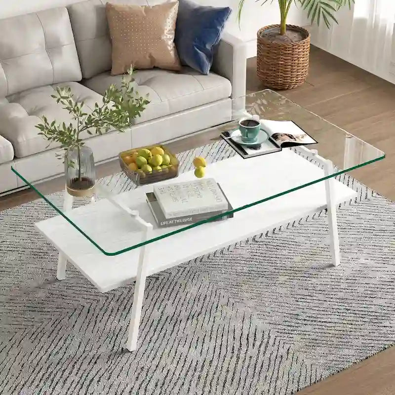 Tempered Glass Top Coffee Table with White Metal Legs and MDF Lower Shelf