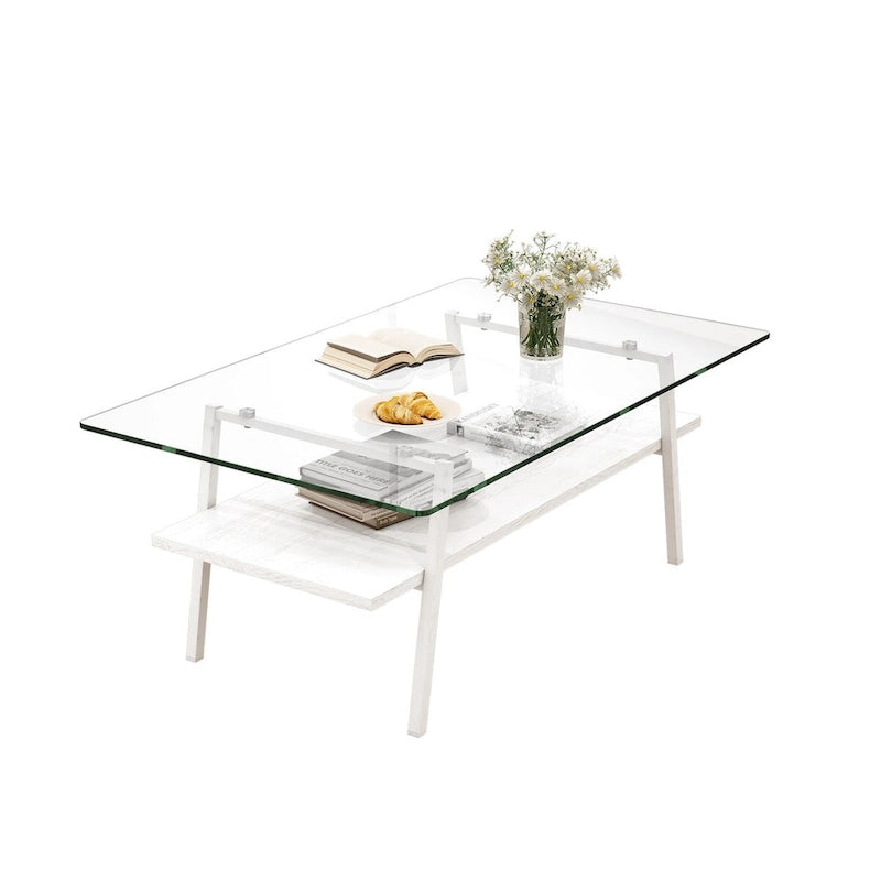Tempered Glass Top Coffee Table with White Metal Legs and MDF Lower Shelf