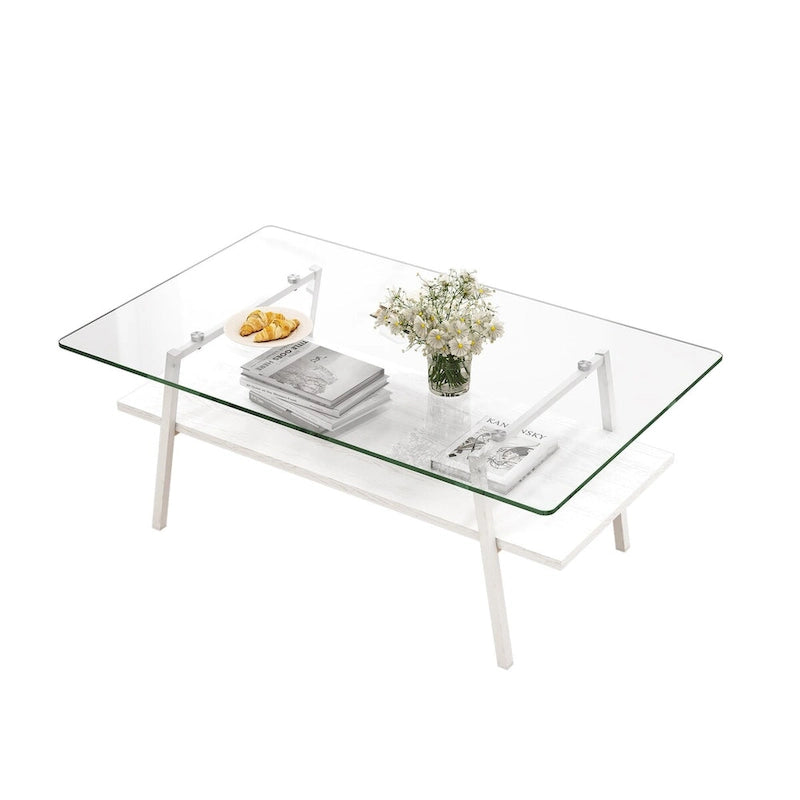 Tempered Glass Top Coffee Table with White Metal Legs and MDF Lower Shelf