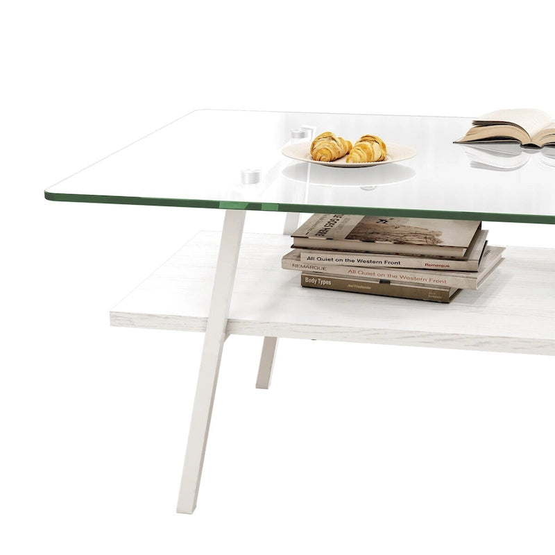 Tempered Glass Top Coffee Table with White Metal Legs and MDF Lower Shelf