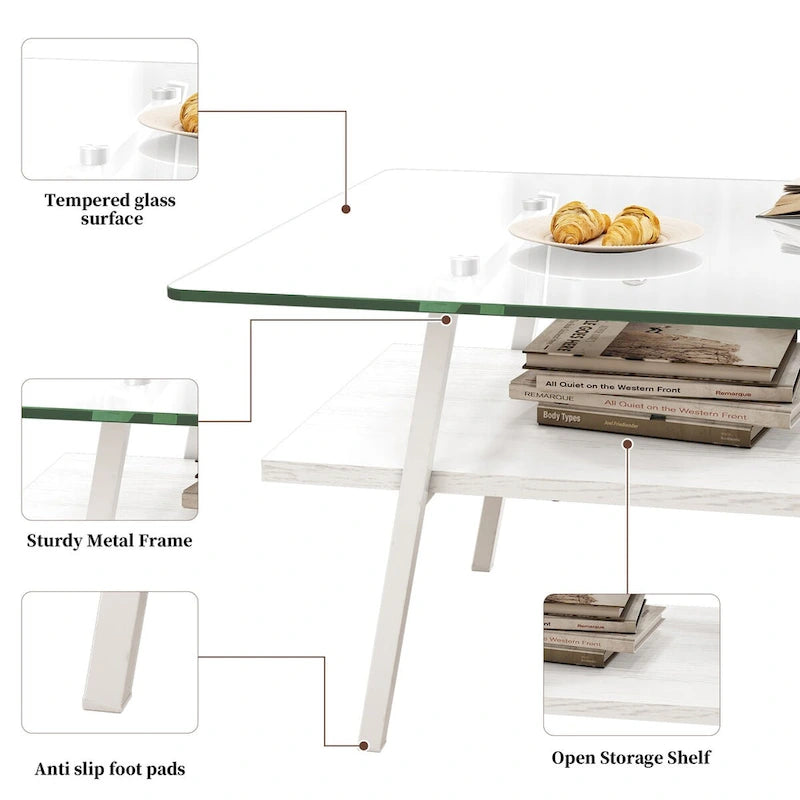 Tempered Glass Top Coffee Table with White Metal Legs and MDF Lower Shelf