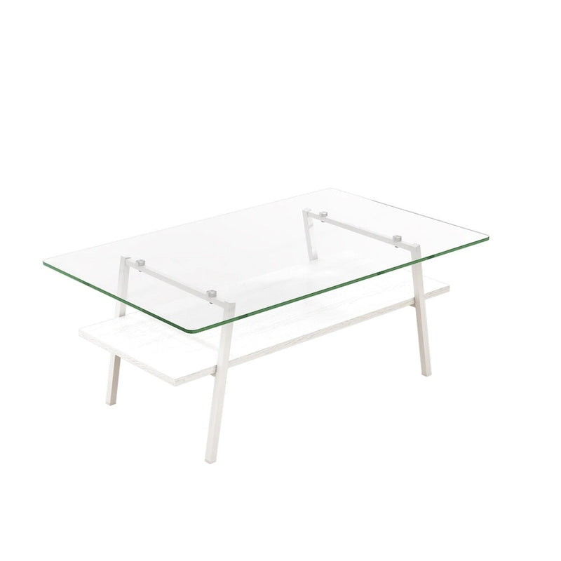 Tempered Glass Top Coffee Table with White Metal Legs and MDF Lower Shelf