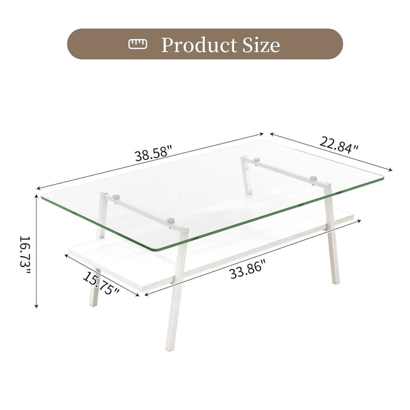 Tempered Glass Top Coffee Table with White Metal Legs and MDF Lower Shelf