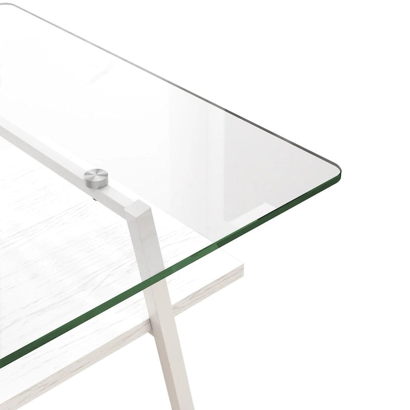 Tempered Glass Top Coffee Table with White Metal Legs and MDF Lower Shelf