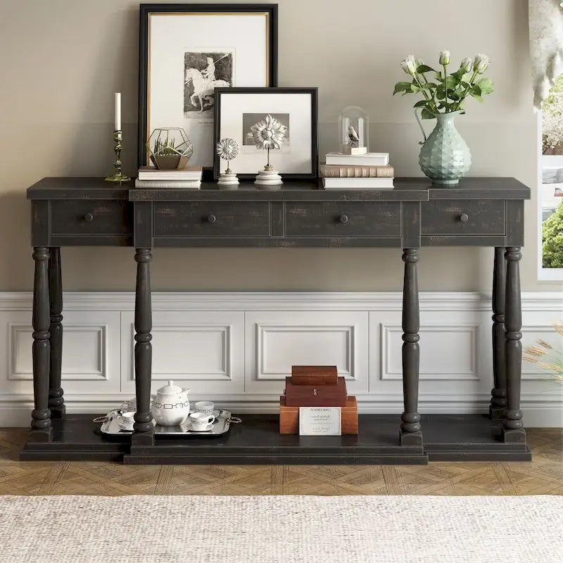 Console Table with 4 Drawers and Bottom Shelf Antique White Entryway