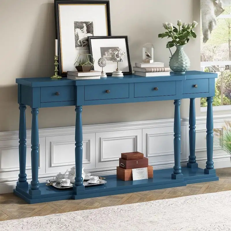 Console Table with 4 Drawers and Bottom Shelf Antique White Entryway