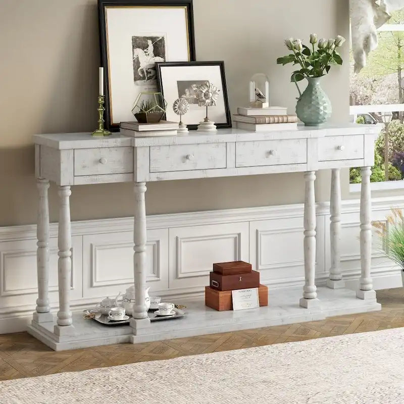 Console Table with 4 Drawers and Bottom Shelf Antique White Entryway