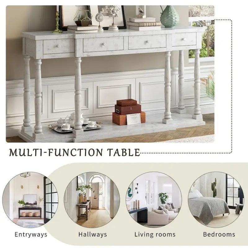 Console Table with 4 Drawers and Bottom Shelf Antique White Entryway