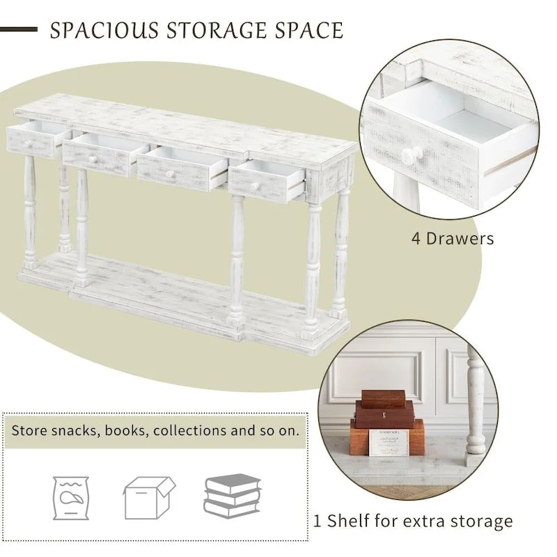 Console Table with 4 Drawers and Bottom Shelf Antique White Entryway