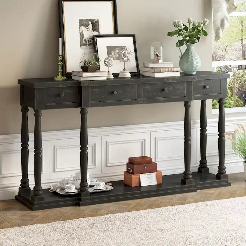 Console Table with 4 Drawers and Bottom Shelf Antique White Entryway