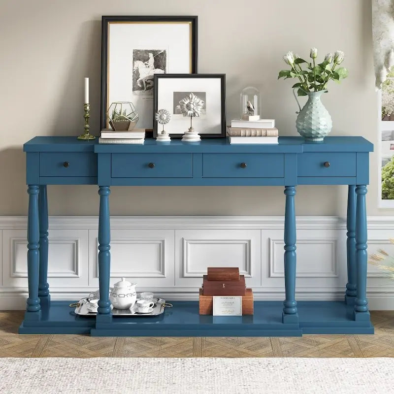 Console Table with 4 Drawers and Bottom Shelf Antique White Entryway